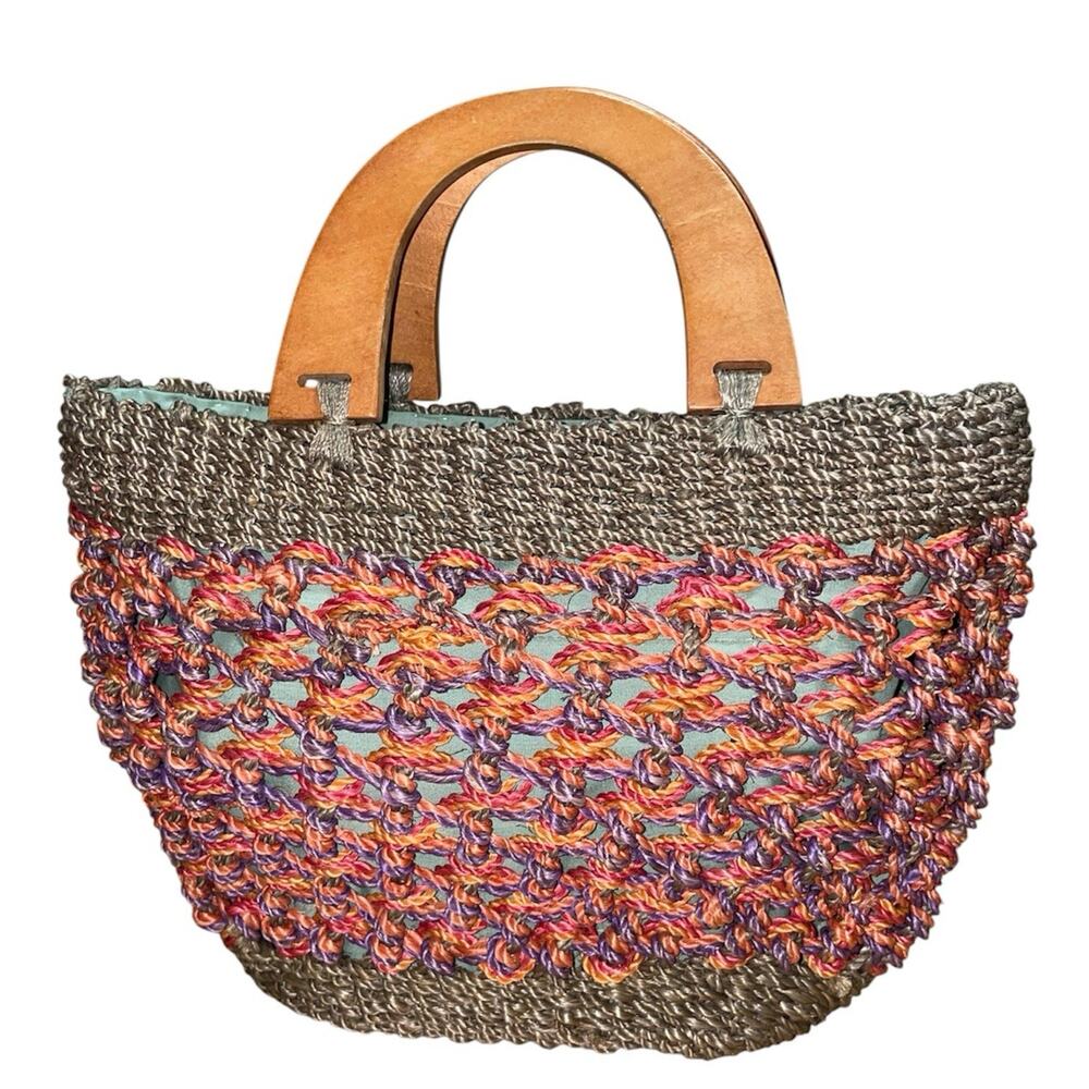 Woven Straw Tote Bag Boho Beach Wood Handles Zip Top Lined Handmade